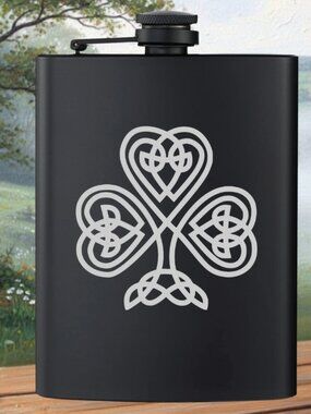 Personalized Engraved Stylish Irish Clover Black Flask | Irish | Flask | Family